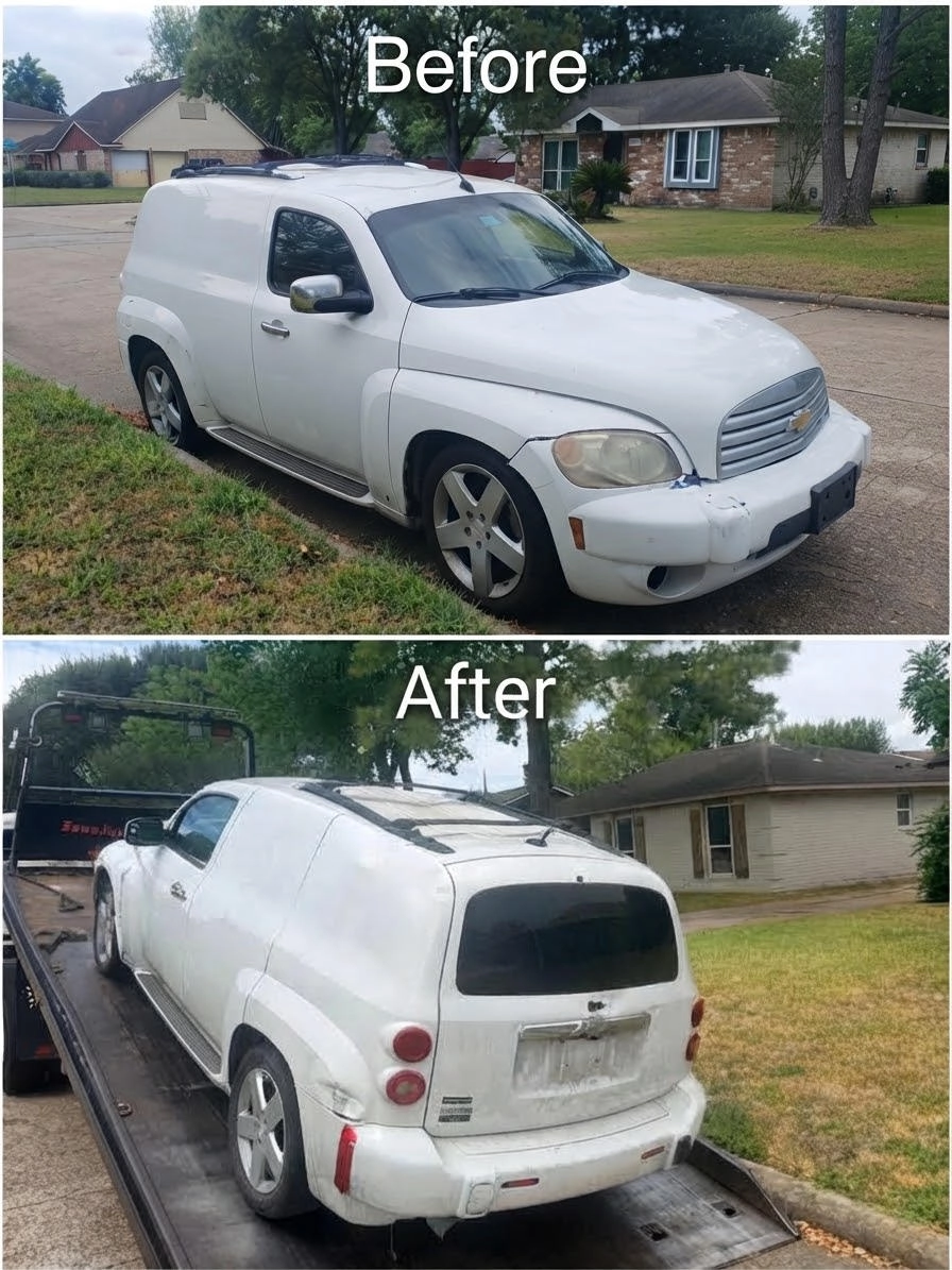 White Chevrolet HHR before pickup and loaded for removal in Hockley, Texas.