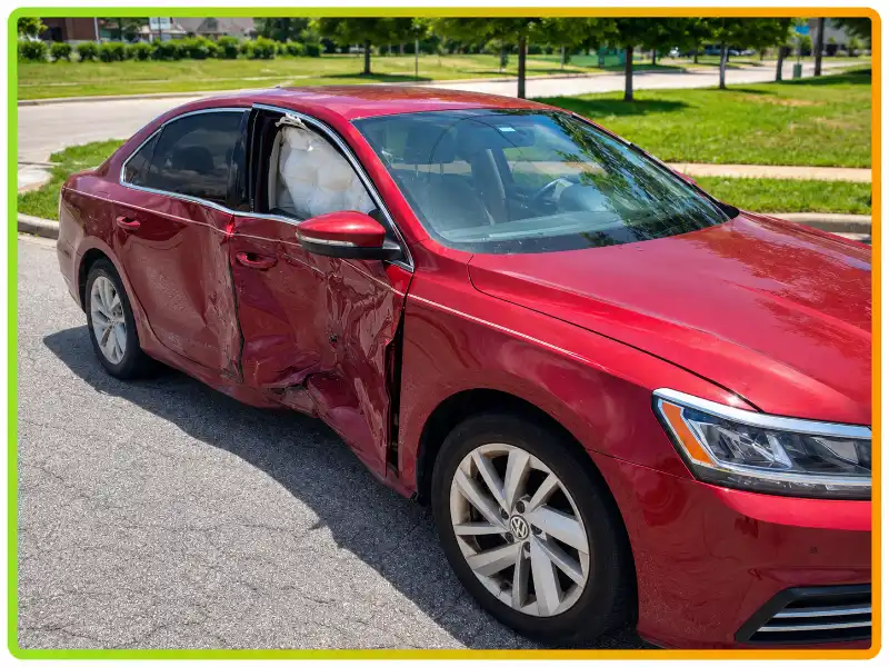 Damaged red Volkswagen with deployed side airbag being evaluated for sale in Texas City, TX.
