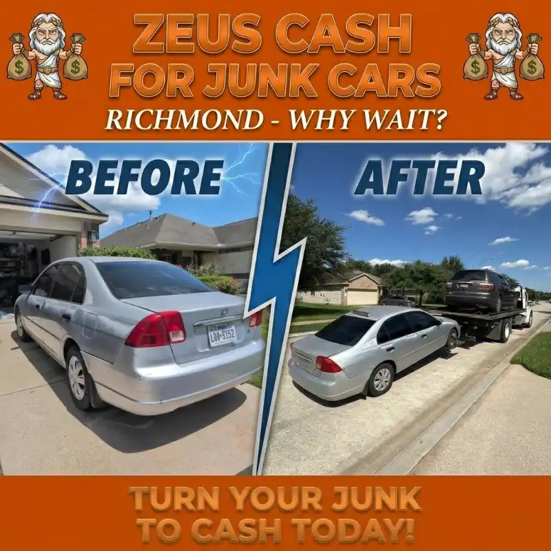 Before and after image showing an old silver sedan removed from a Richmond, TX driveway by Zeus Cash For Junk Cars.