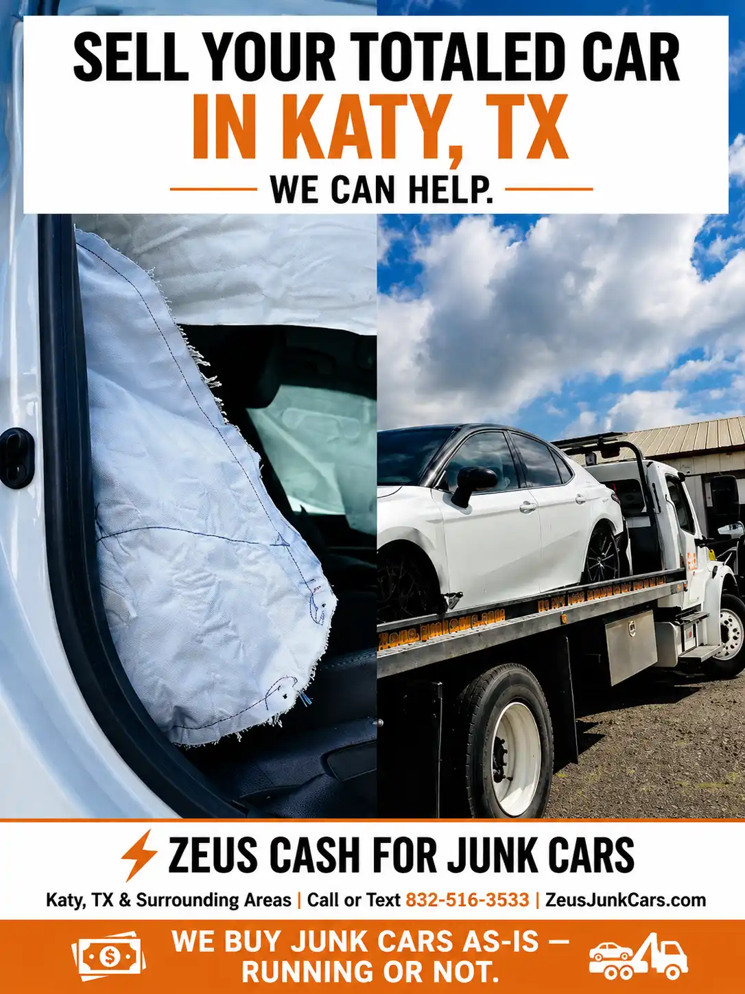 Totaled white car on tow truck in Katy, TX for junk car pickup