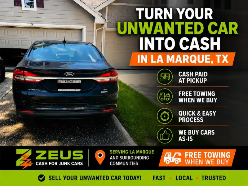 Unwanted Ford Fusion parked in a residential driveway in La Marque, TX