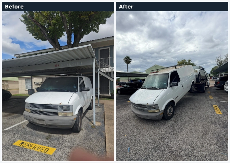 White Chevrolet van under a carport, then being loaded onto a tow truck.