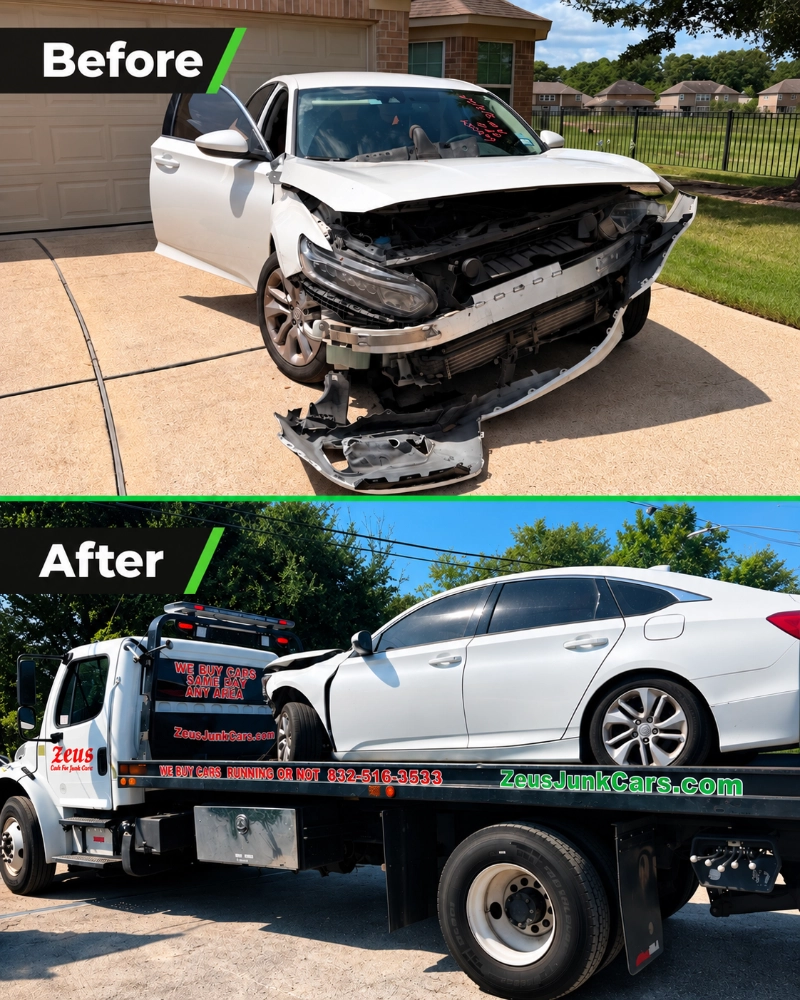 Damaged white sedan before pickup and loaded on a Zeus tow truck.