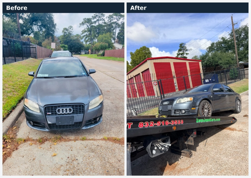 Gray Audi sedan parked by a curb, then on a Zeus flatbed tow truck.